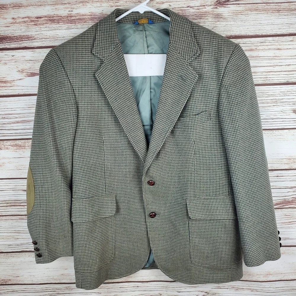 Pendleton Mens Size 40 Vtg 100% Wool Green Houndstooth 2-Button Blazer Jacket